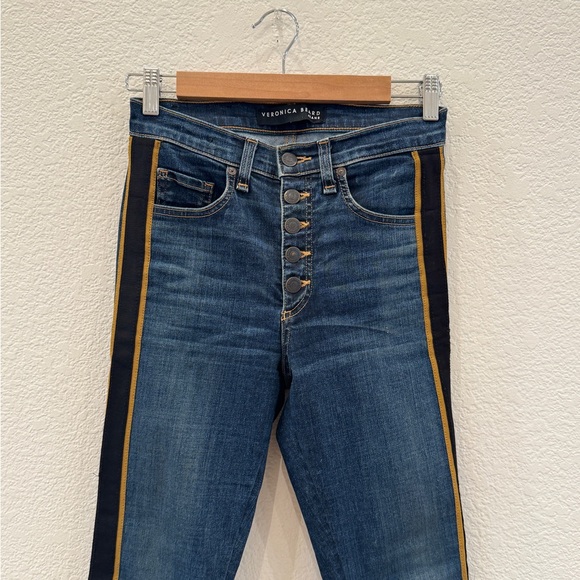 NEW Veronica Beard Crop Slim Fit Button Fly Tuxedo Stripe Jeans in Dark Wash - Picture 8 of 12